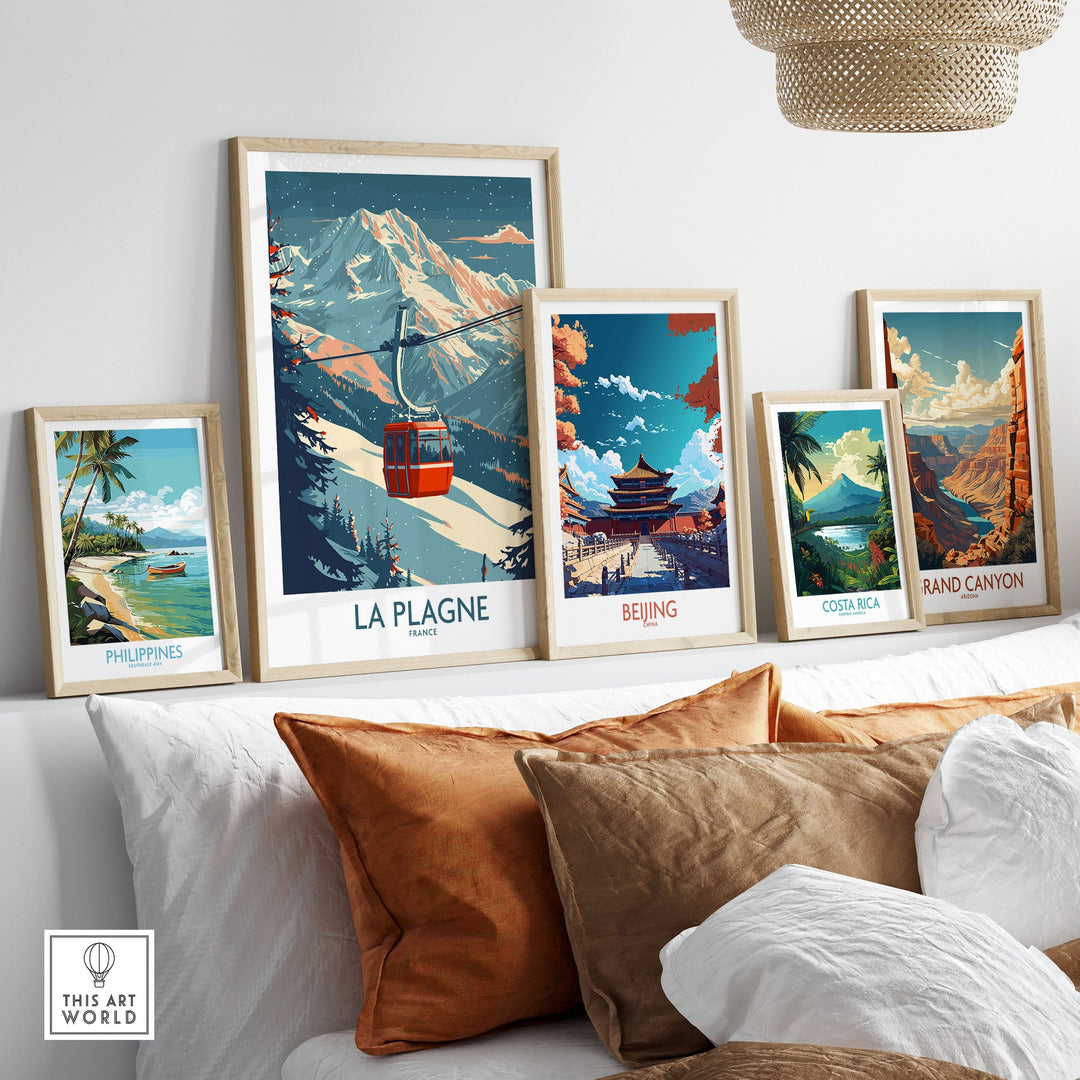 La Plagne Ski Poster and Scenic Wall Art Collection in Room Decor Display