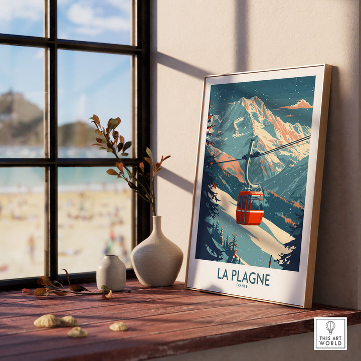 La Plagne ski wall art poster by window with mountain view, capturing scenic alpine landscape and red cable car, perfect for decor.