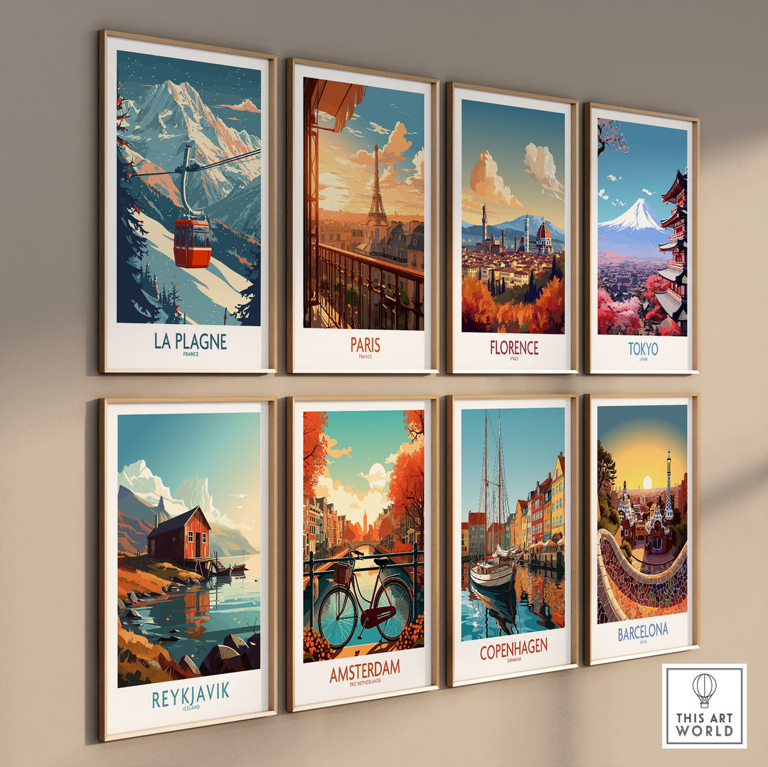 Wall art display featuring travel posters of iconic cities, including La Plagne, Paris, Florence, Tokyo, Reykjavik, Amsterdam, Copenhagen, and Barcelona.