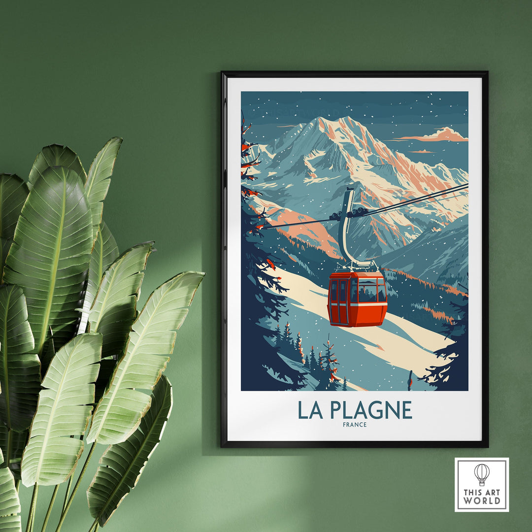 La Plagne ski poster featuring a mountain scene with a red cable car, perfect wall art for ski enthusiasts and mountain lovers.