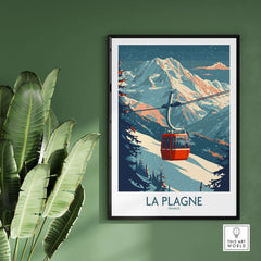 La Plagne ski poster featuring a mountain scene with a red cable car, perfect wall art for ski enthusiasts and mountain lovers.
