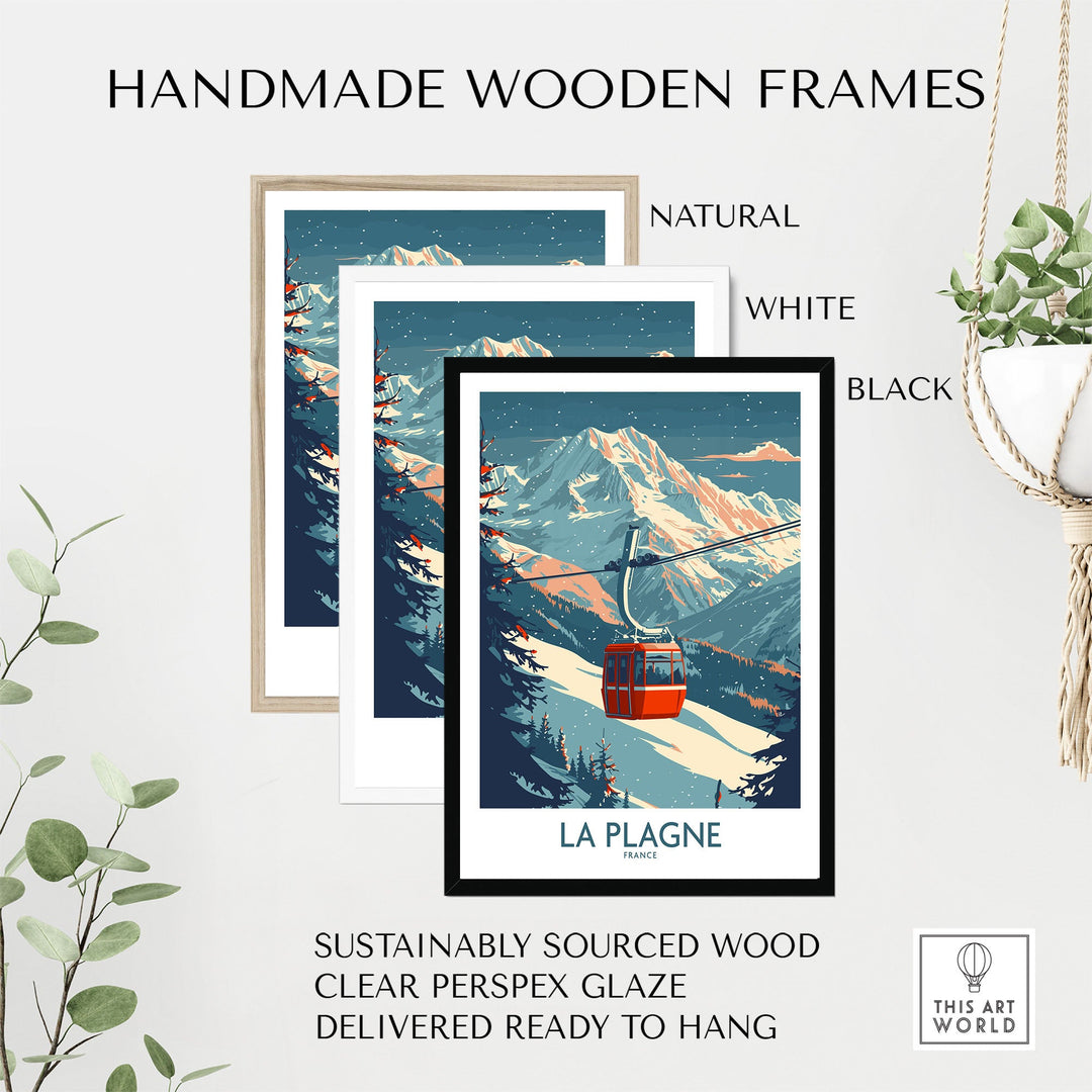 La Plagne ski poster with handmade wooden frames in natural, white, and black options, eco-friendly and ready to hang.