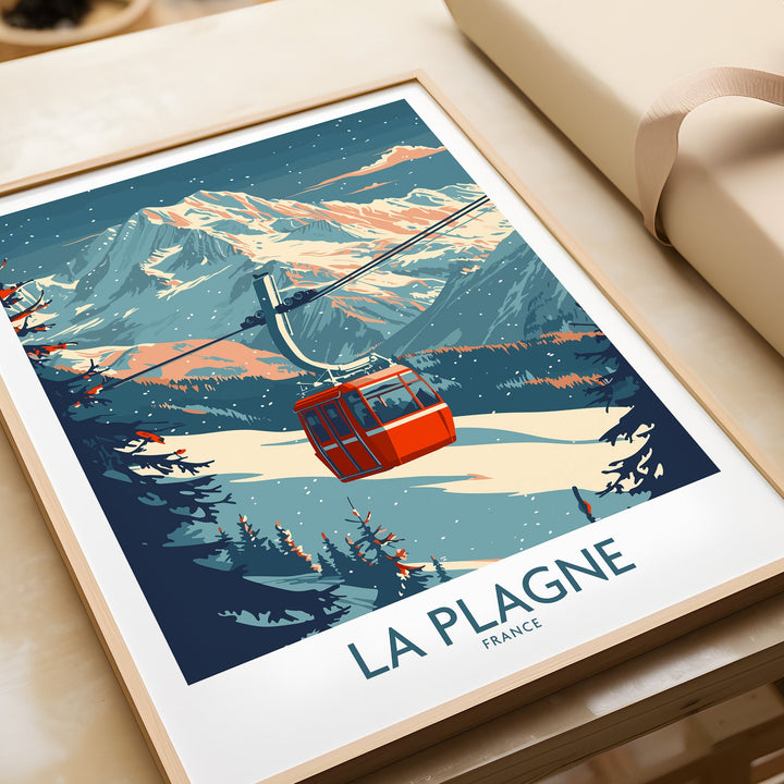 Vintage La Plagne wall art ski poster featuring a red cable car against a scenic mountain landscape in France.