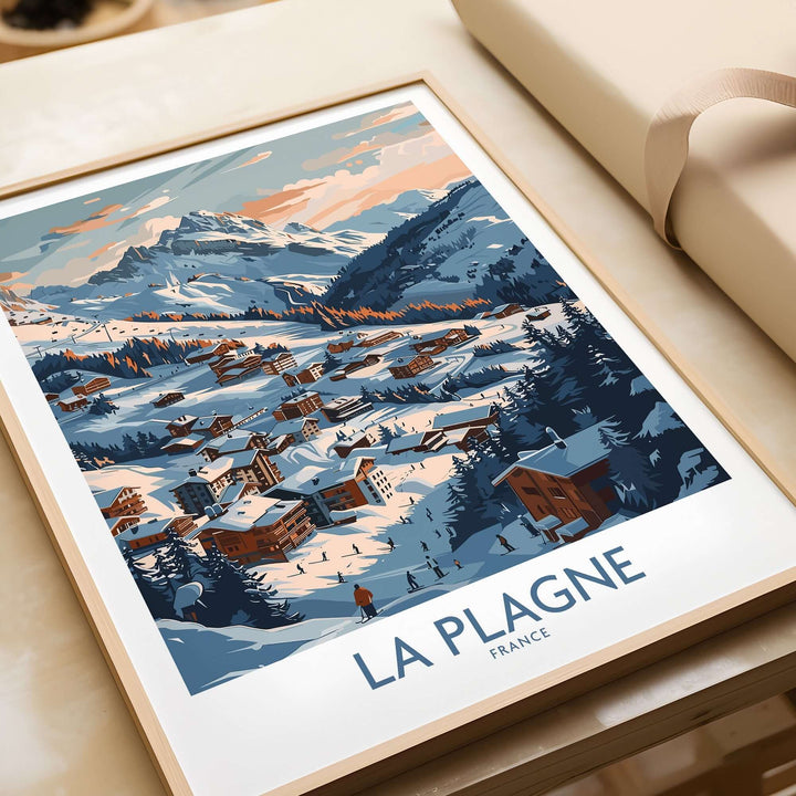 La Plagne wall art featuring snowy mountain landscape and village, ideal for home decor and winter lovers.