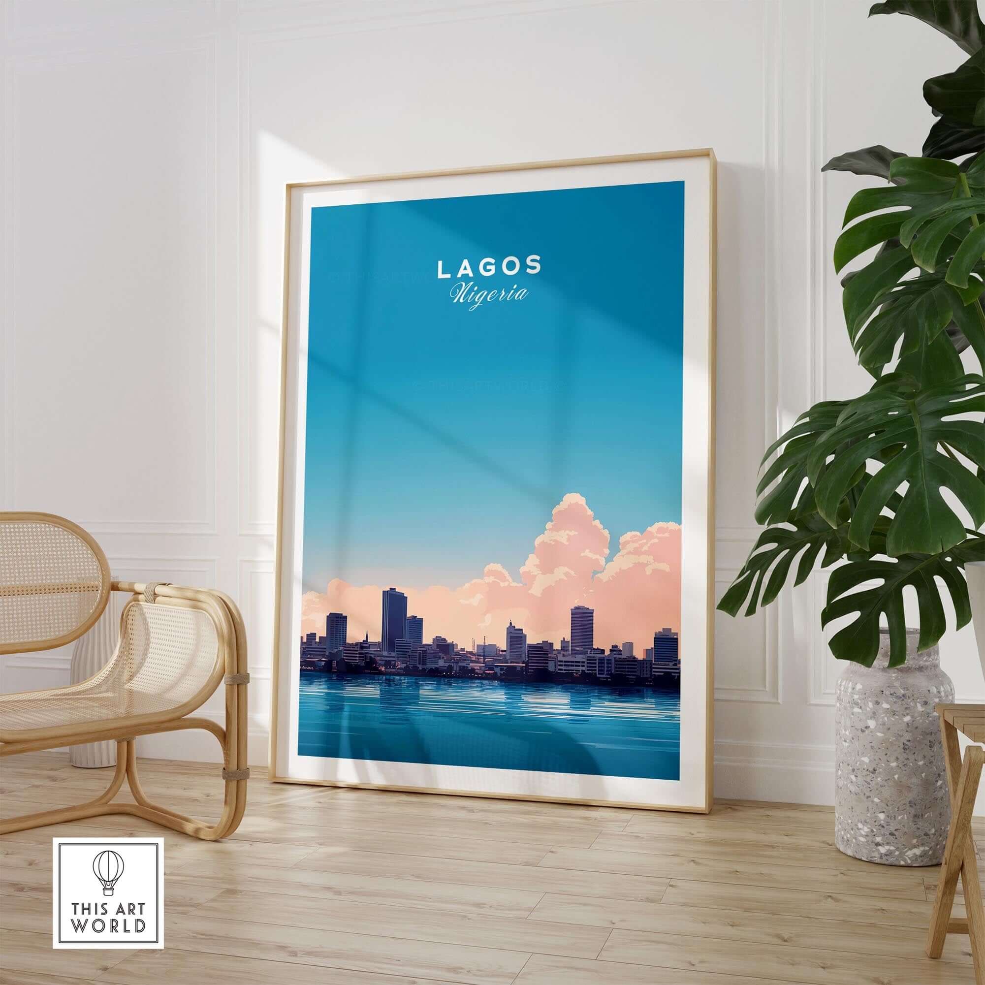 Lagos Nigeria Poster featuring vibrant city skyline with clouds and blue sky, ideal for home or office decor.