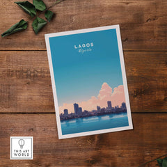 Lagos Nigeria Poster featuring a vibrant city skyline and blue sky, perfect for home or office decor.