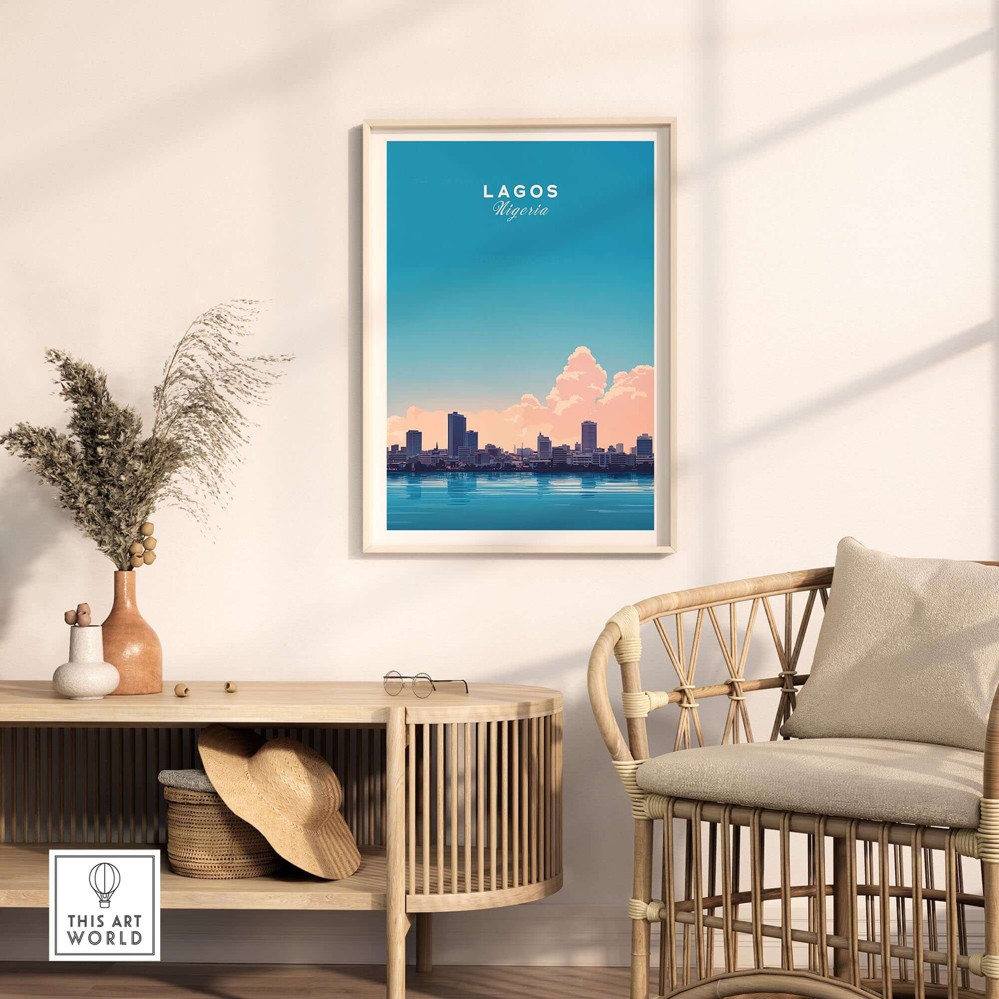 Lagos Nigeria Poster showcasing the skyline and vibrant colors of Lagos, Nigeria in a stylish home setting.