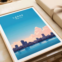Lagos Nigeria Poster showcasing the vibrant skyline and iconic landmarks in a stunning travel print design.