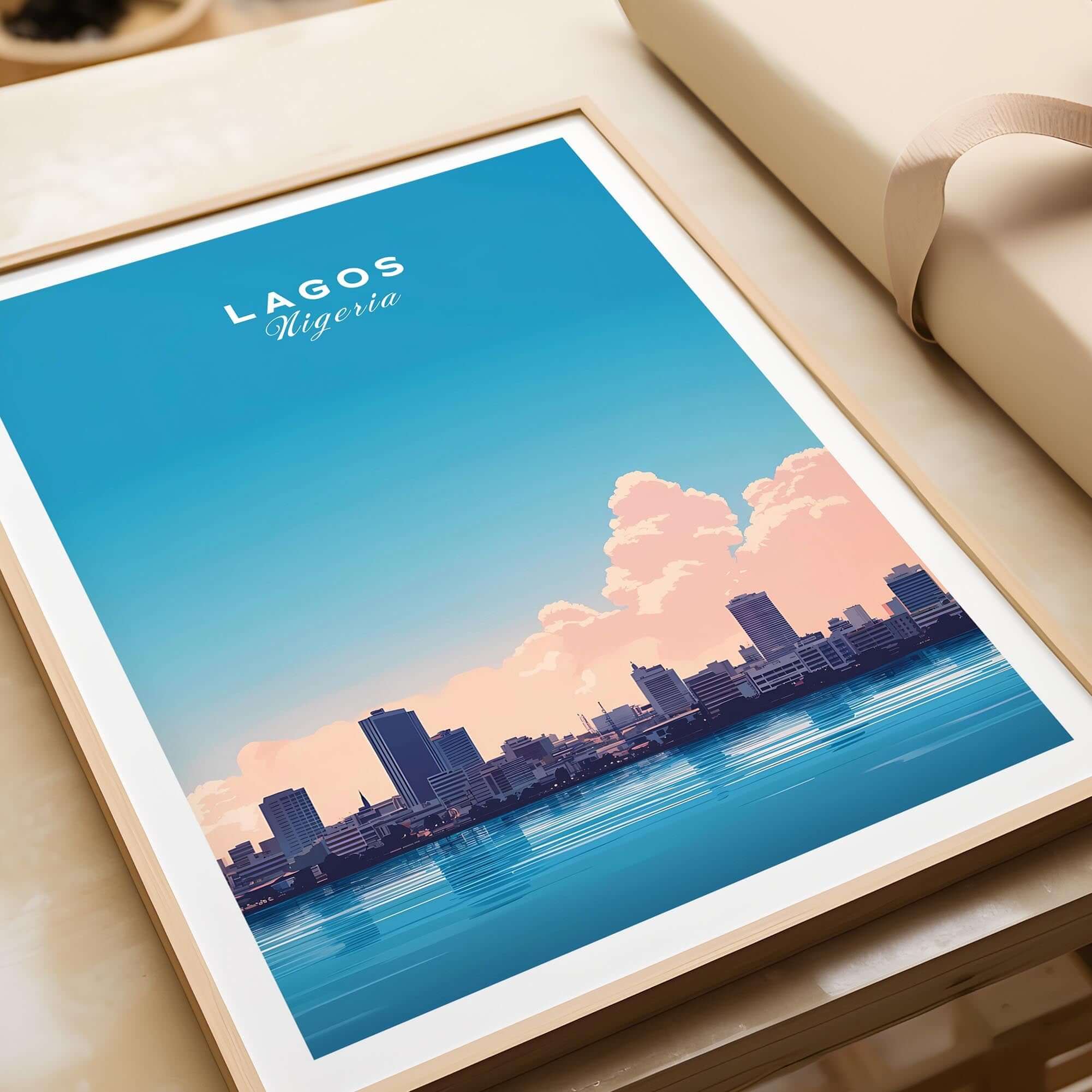 Lagos Nigeria Poster showcasing the vibrant skyline and iconic landmarks in a stunning travel print design.
