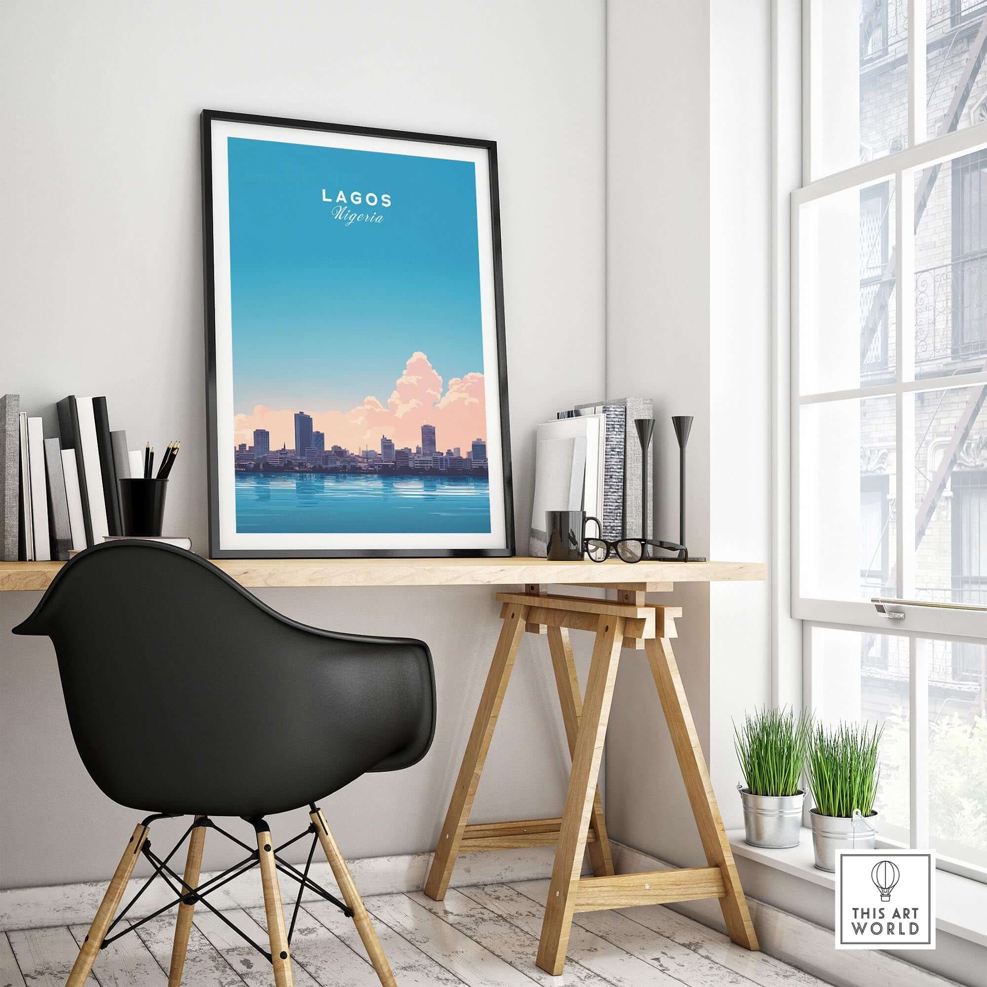 Lagos Nigeria Poster displayed on a desk in a modern office setting, showcasing the city skyline.