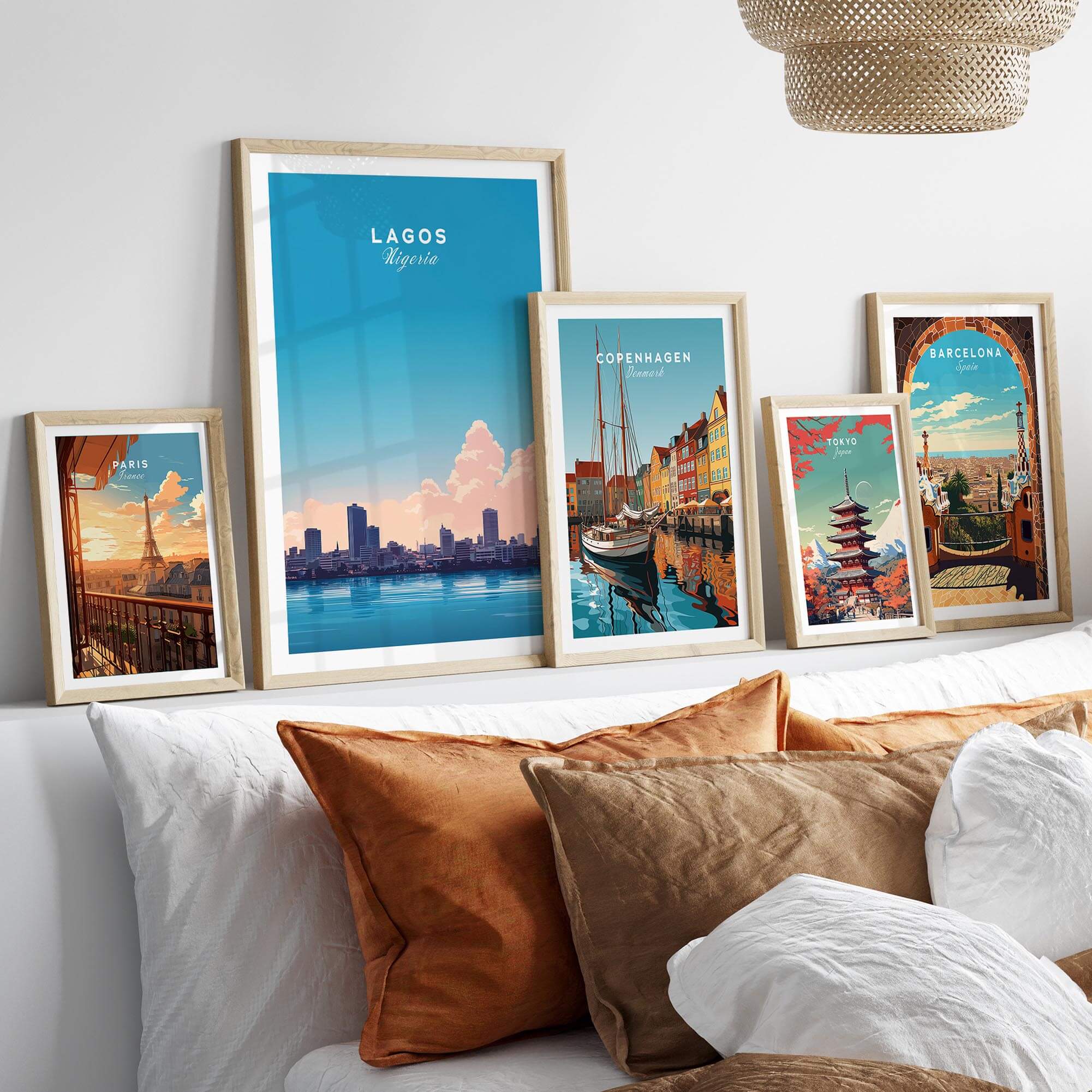 Lagos Nigeria Poster displayed in a stylish home setting with other travel posters, showcasing city skyline and landmarks.