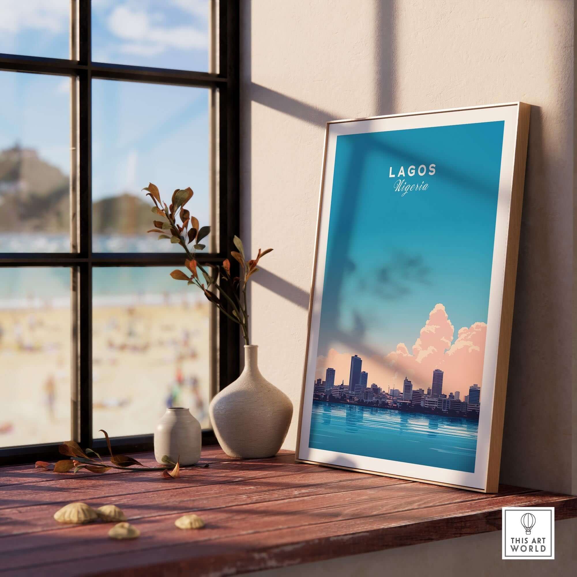 Lagos Nigeria Poster showcasing the city skyline, vibrant colors, and iconic landmarks beside a window.