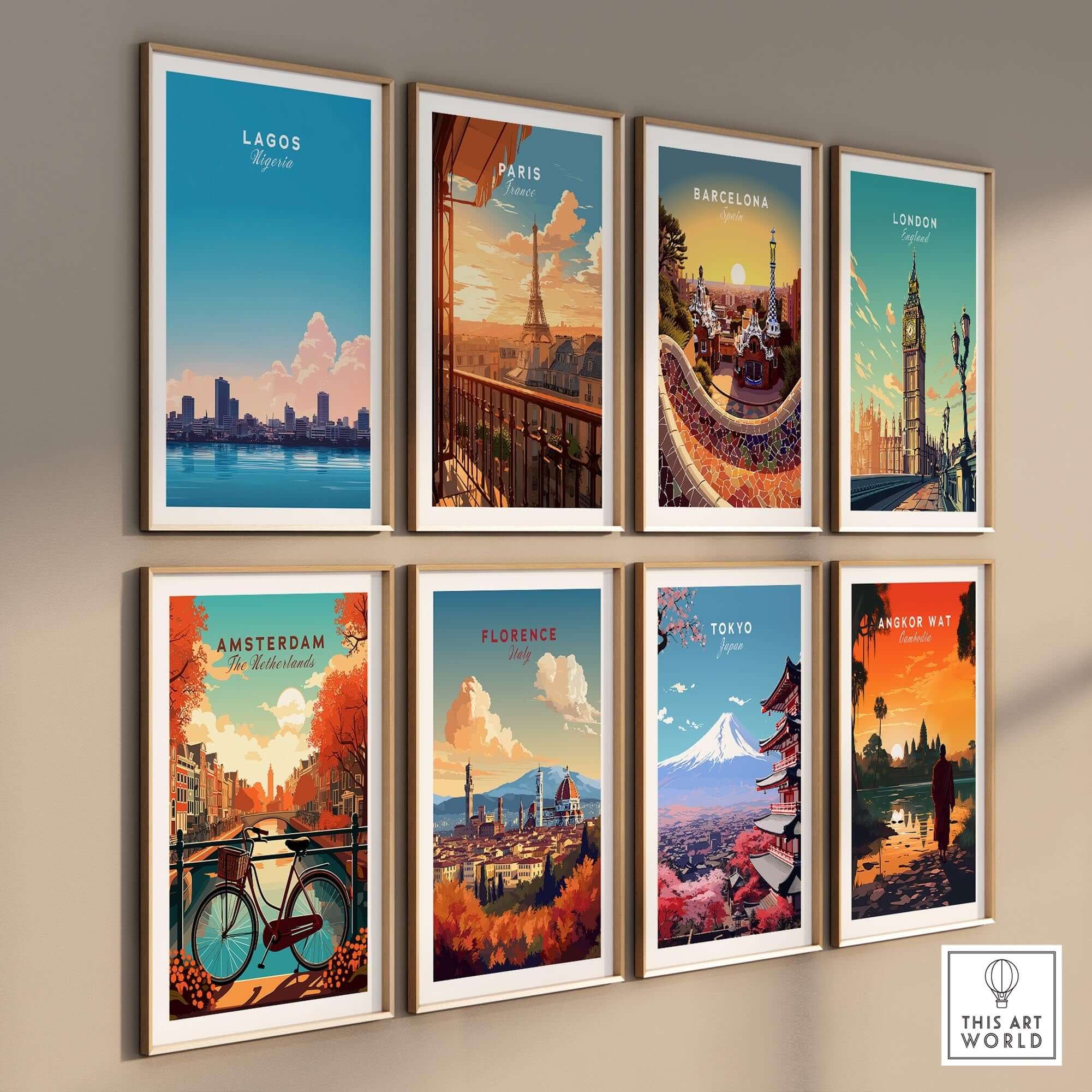 Lagos Nigeria Poster showcasing vibrant skyline among other city posters in a stylish gallery wall display.