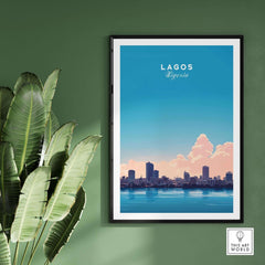 Lagos Nigeria Poster featuring the skyline of Lagos with a vibrant blue background and lush green plants.
