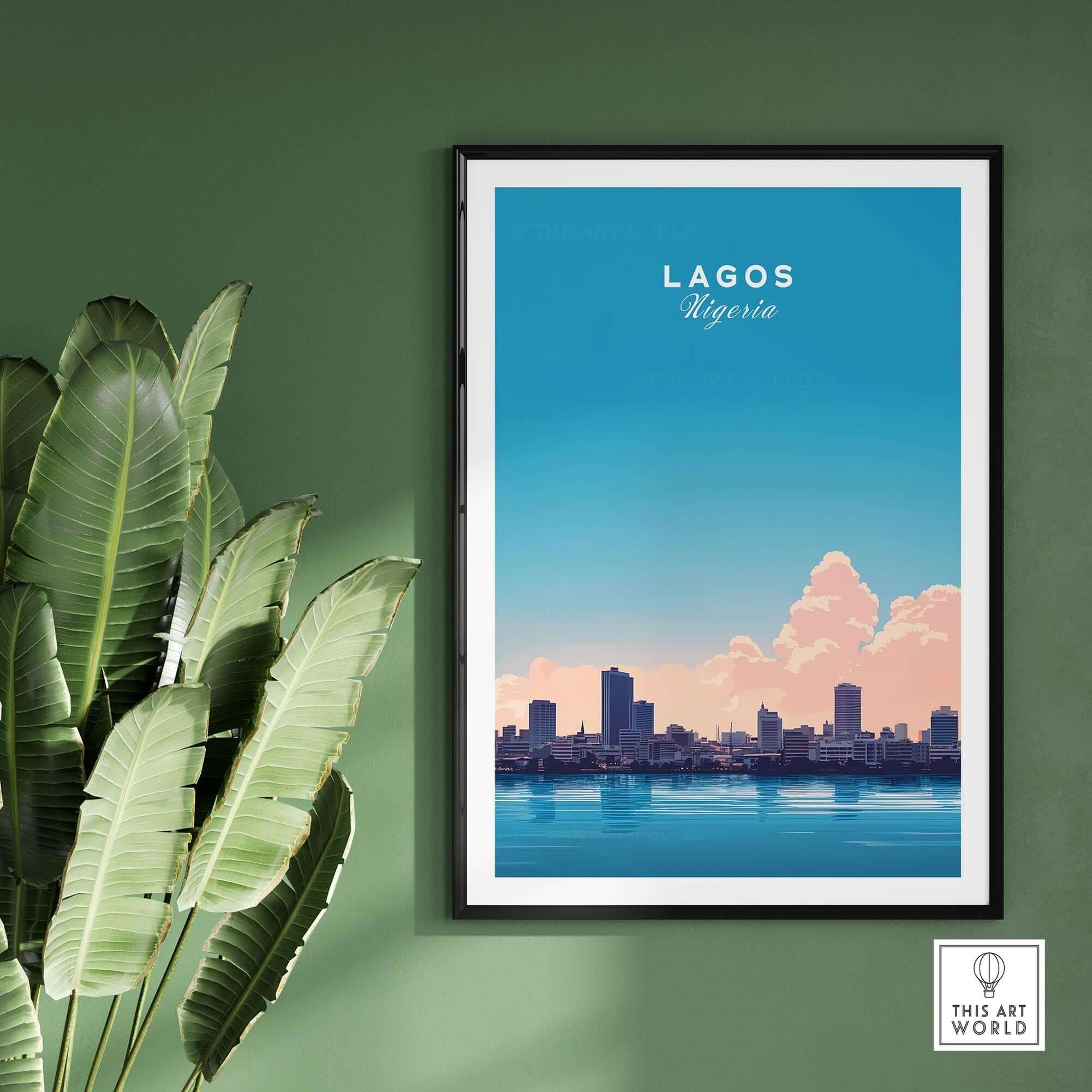 Lagos Nigeria Poster featuring the skyline of Lagos with a vibrant blue background and lush green plants.