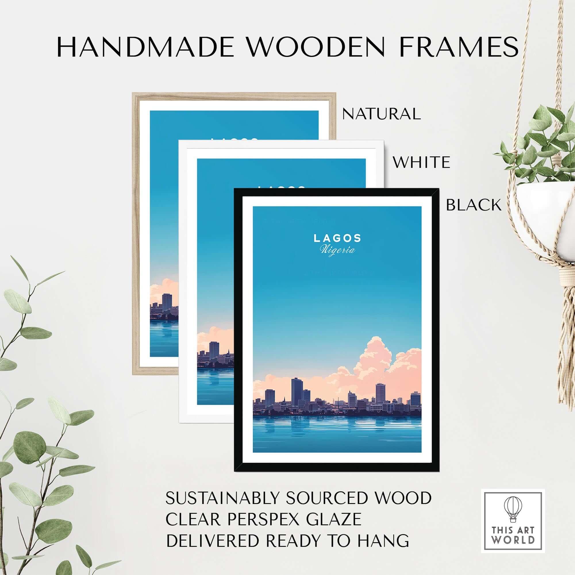 Lagos Nigeria Poster displayed in handmade wooden frames in natural, white, and black colors.