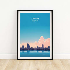 Lagos Nigeria Poster showcasing the city skyline and colorful sky, perfect for home or office decor.