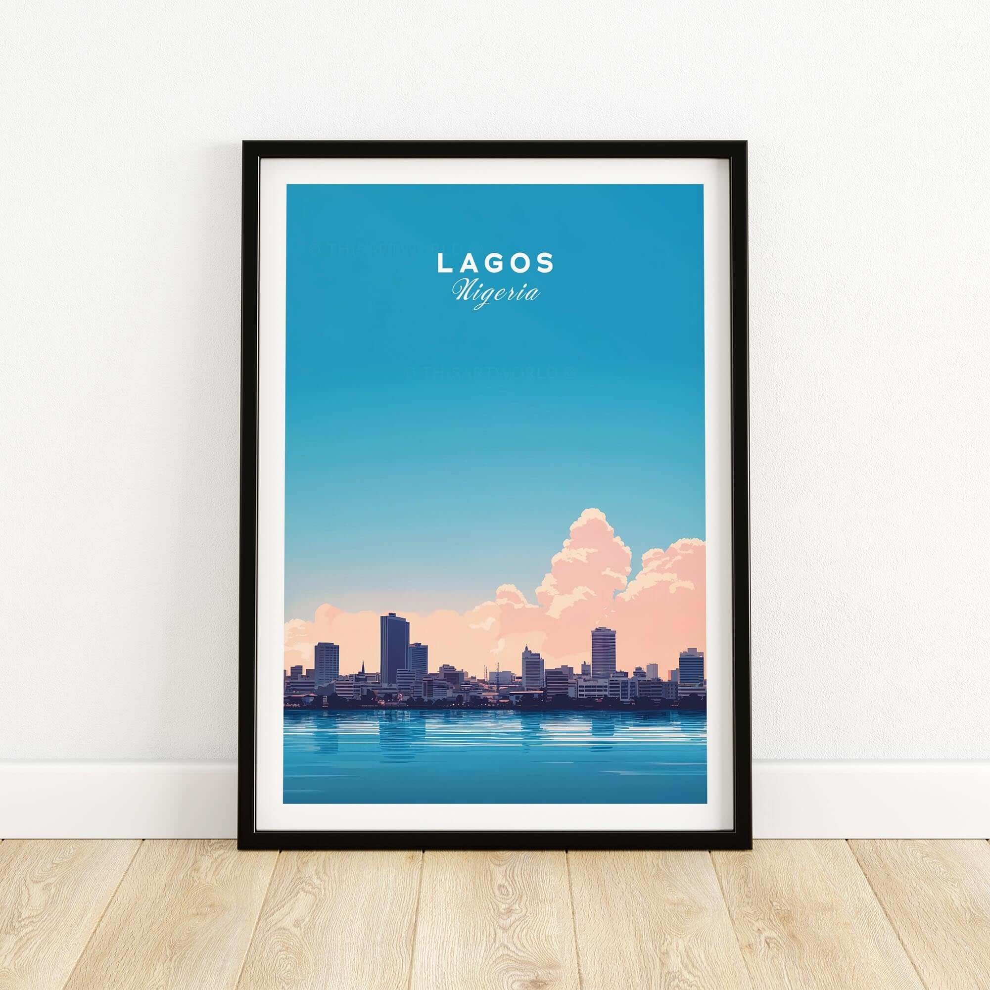 Lagos Nigeria Poster showcasing the city skyline and colorful sky, perfect for home or office decor.