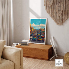 Lagos Nigeria Wall Art showcasing a vibrant city scene filled with iconic traffic in a modern living room setting.
