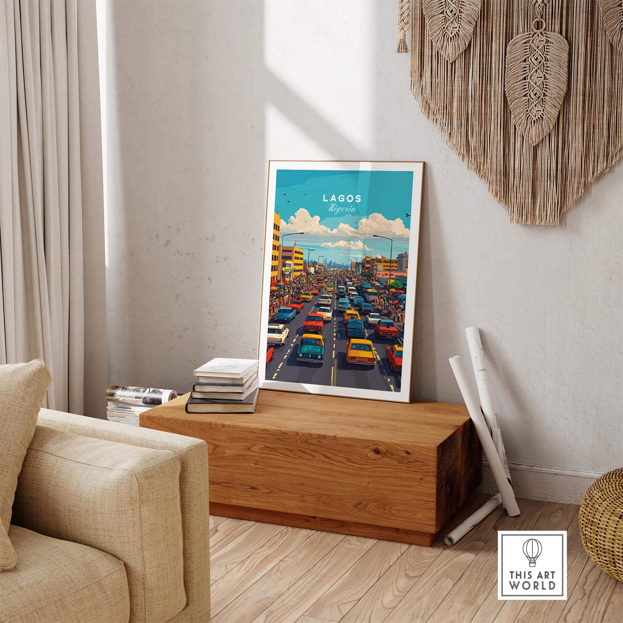 Lagos Nigeria Wall Art showcasing a vibrant city scene filled with iconic traffic in a modern living room setting.