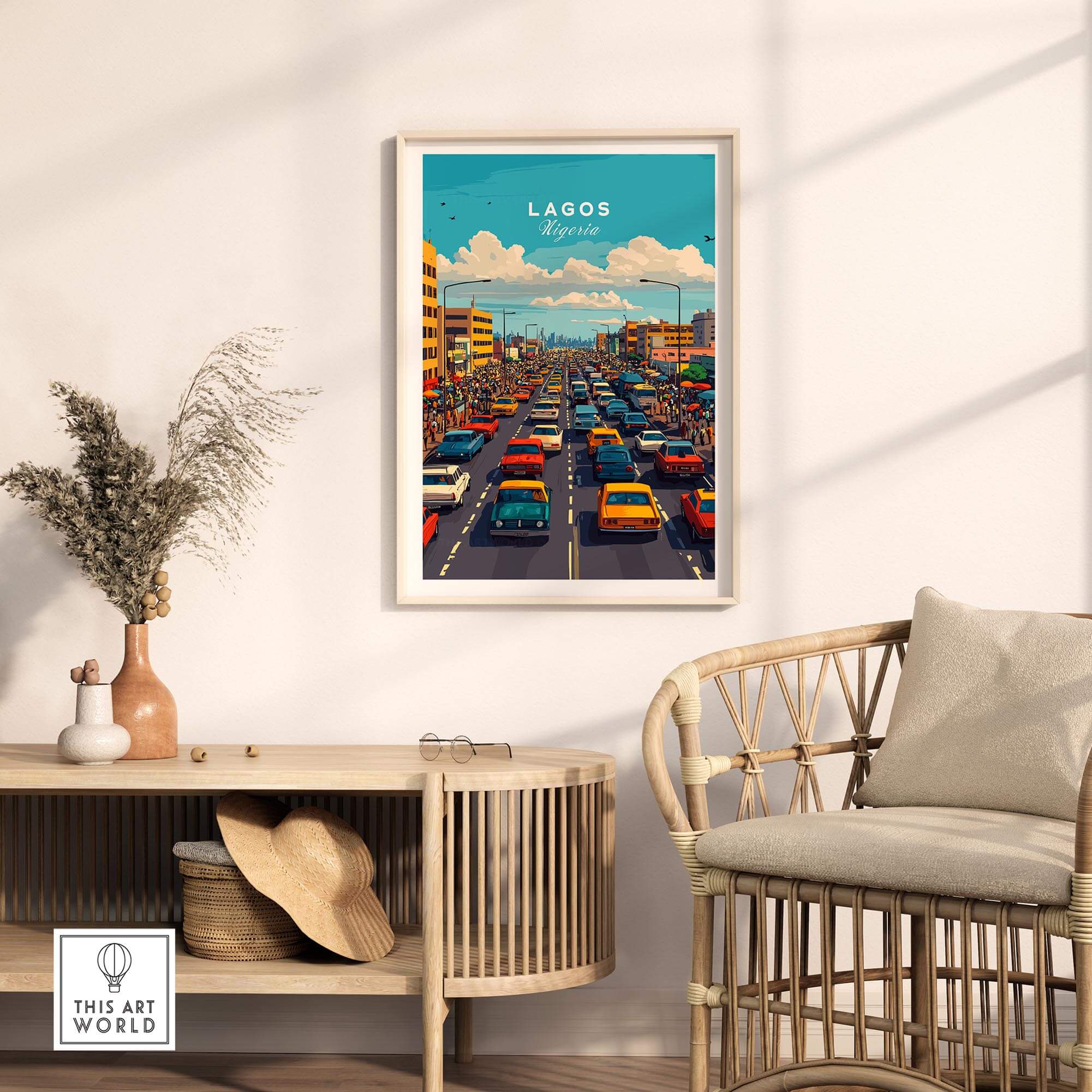 Lagos Nigeria Wall Art showcasing vibrant city traffic in a stylish living room setting.