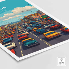 Lagos Nigeria Wall Art showcasing vibrant city traffic scene, perfect decor for homes.