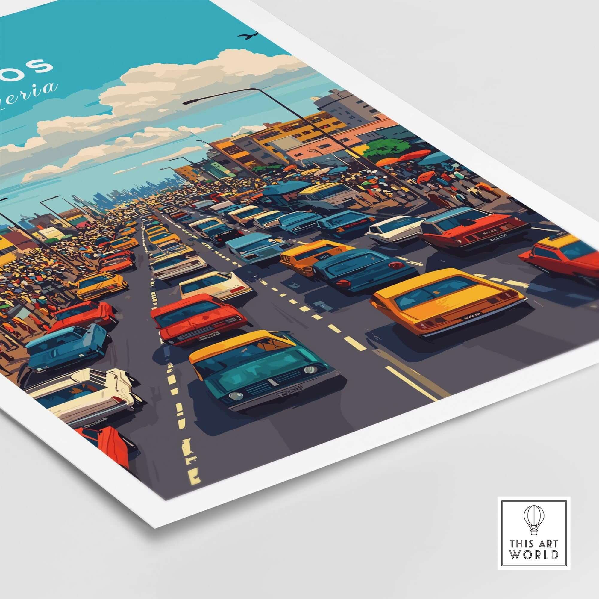 Lagos Nigeria Wall Art showcasing vibrant city traffic scene, perfect decor for homes.