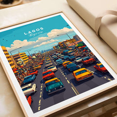 Lagos Nigeria Wall Art featuring vibrant traffic scene, showcasing the energy of Lagos in decor.