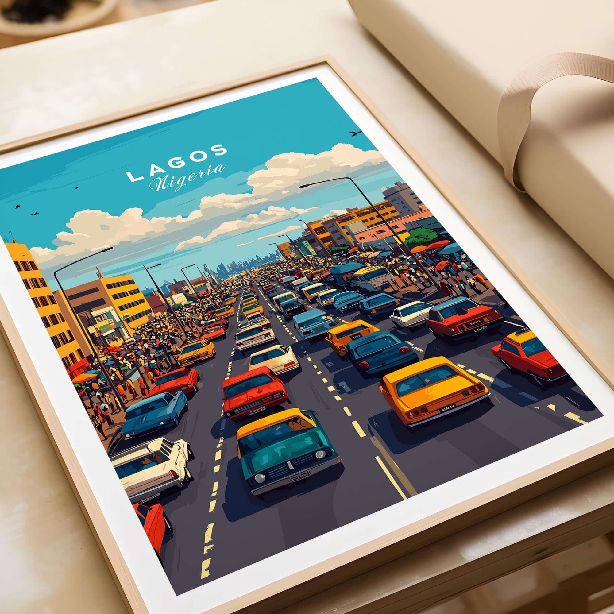 Lagos Nigeria Wall Art featuring vibrant traffic scene, showcasing the energy of Lagos in decor.