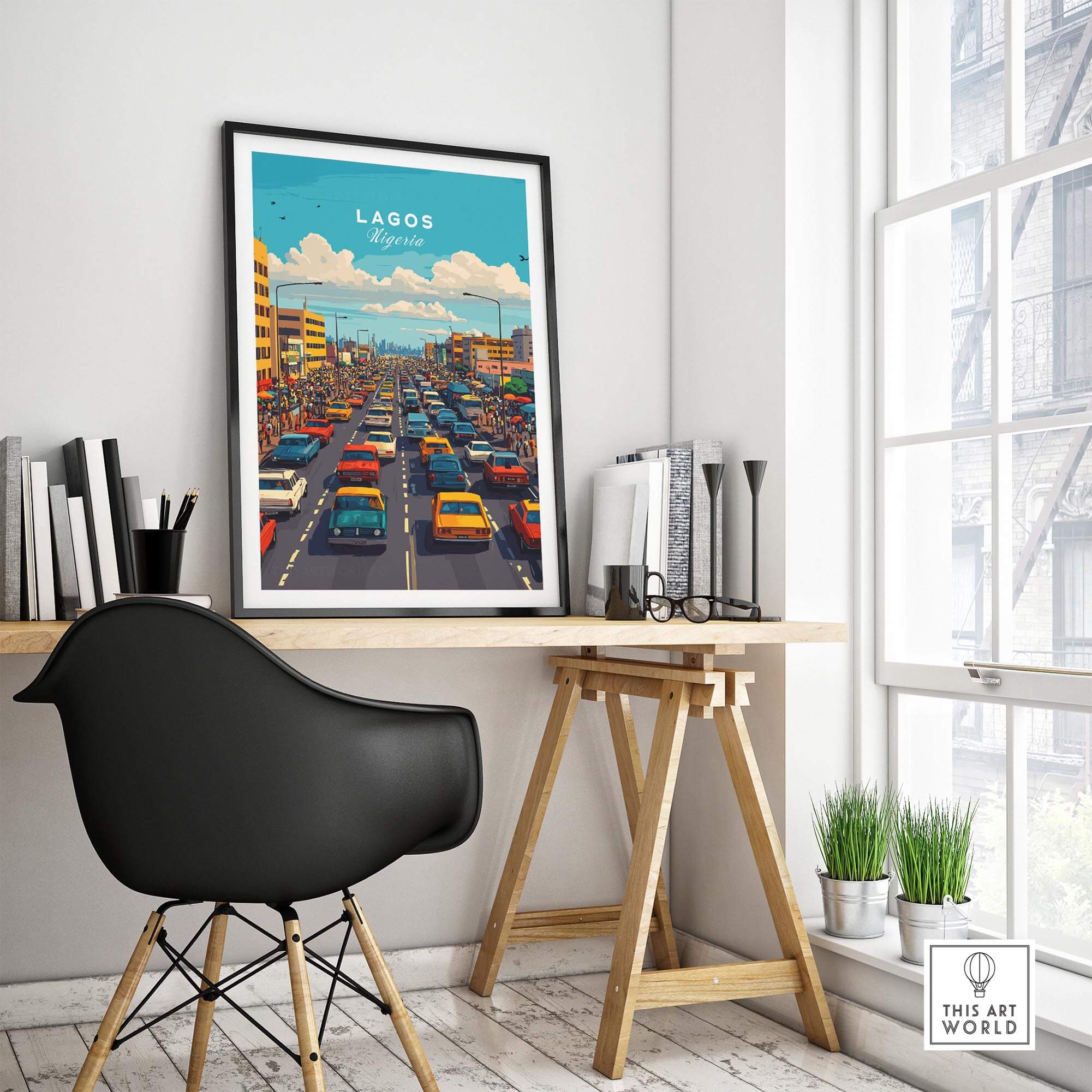 Lagos Nigeria Wall Art depicting vibrant city traffic, perfect for adding energy to your home decor.