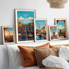 Lagos Nigeria Wall Art displayed among travel prints in a cozy home setting, showcasing a vibrant depiction of Lagos.