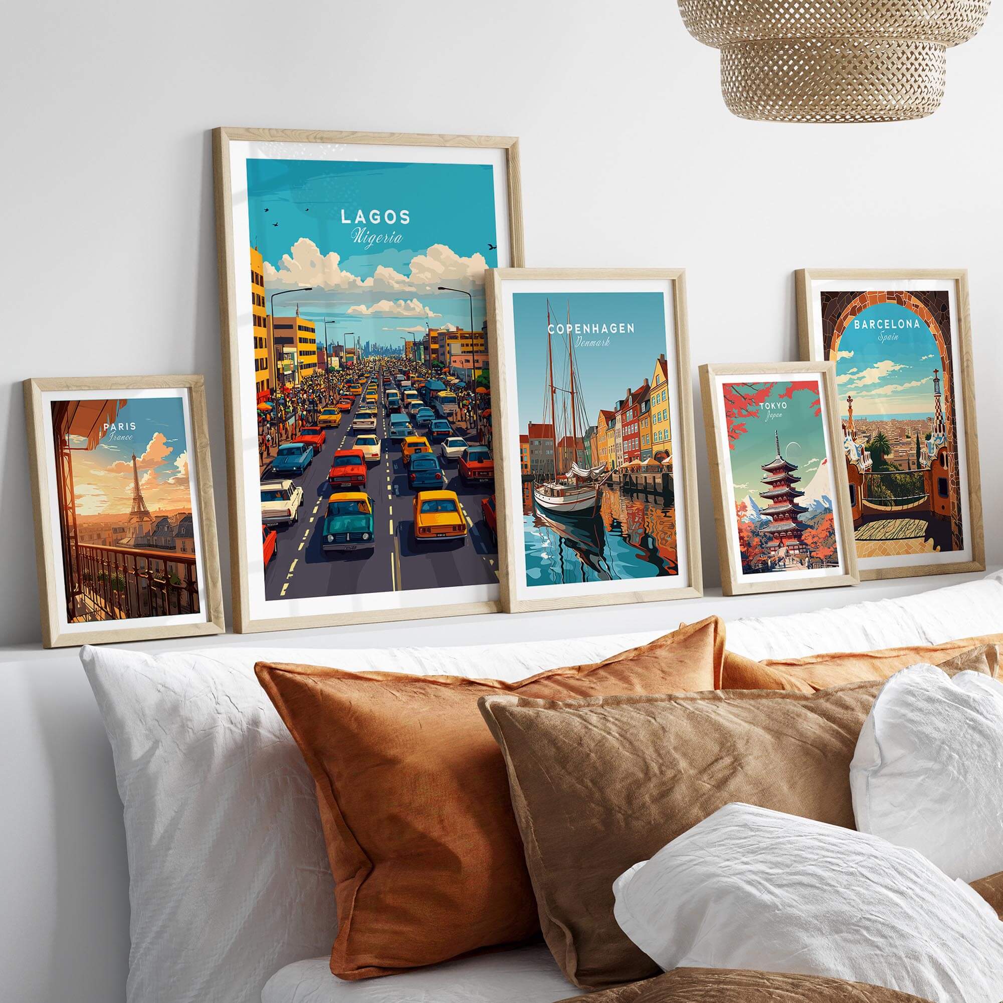 Lagos Nigeria Wall Art displayed among travel prints in a cozy home setting, showcasing a vibrant depiction of Lagos.