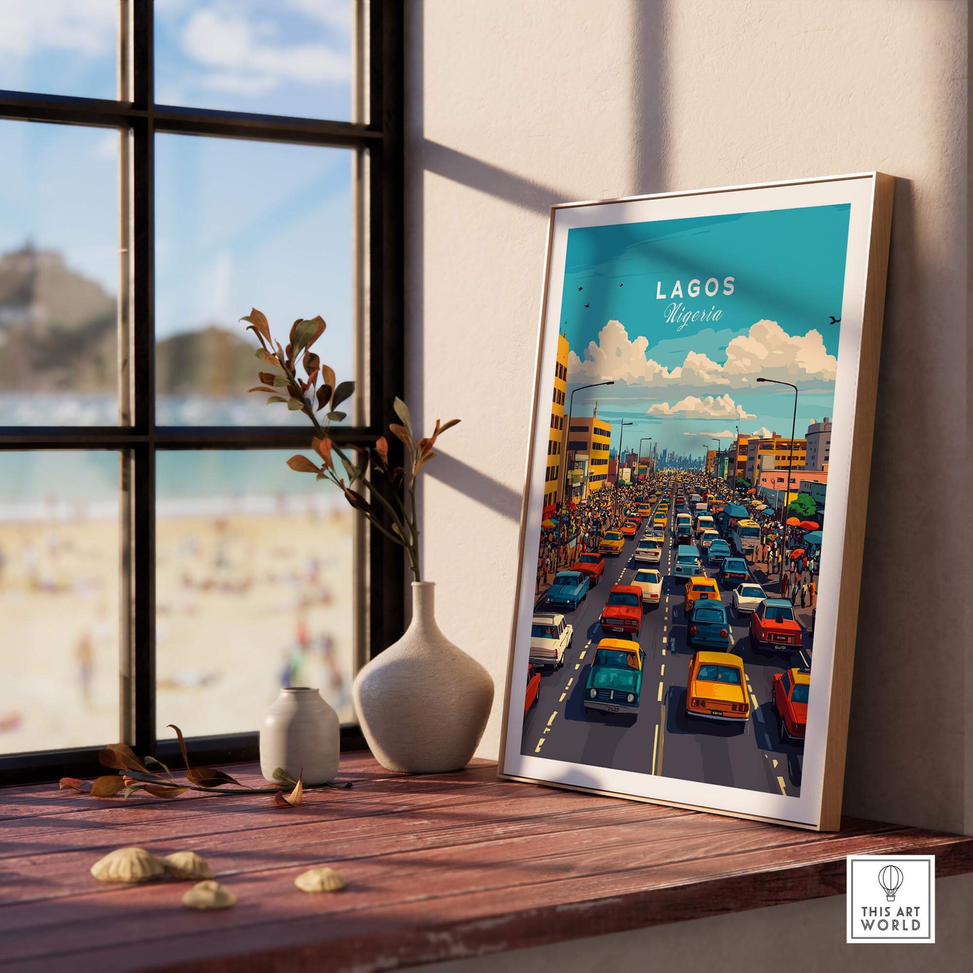 Lagos Nigeria Wall Art showcasing vibrant city traffic and skyline, perfect for home decor.