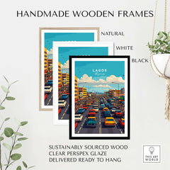 Lagos Nigeria Wall Art in handmade wooden frames, showcasing vibrant city traffic with natural, white, and black frame options.