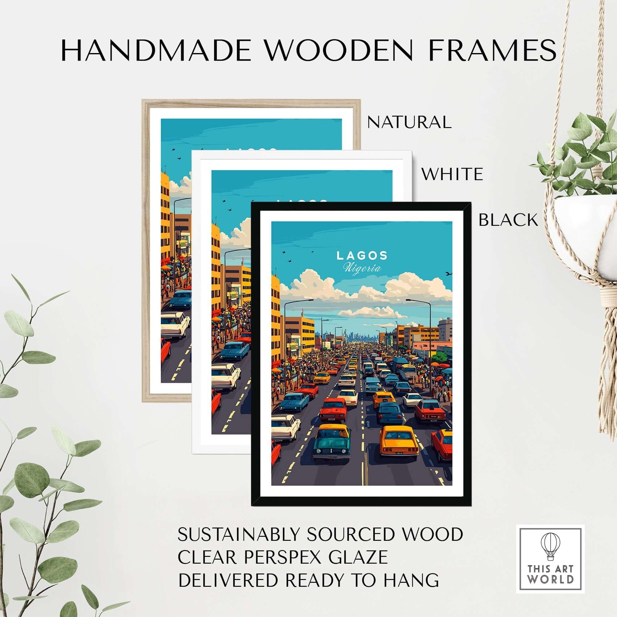 Lagos Nigeria Wall Art in handmade wooden frames, showcasing vibrant city traffic with natural, white, and black frame options.
