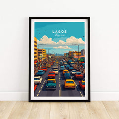 Lagos Nigeria Wall Art showcasing vibrant city traffic and skyline in a colorful, modern design.