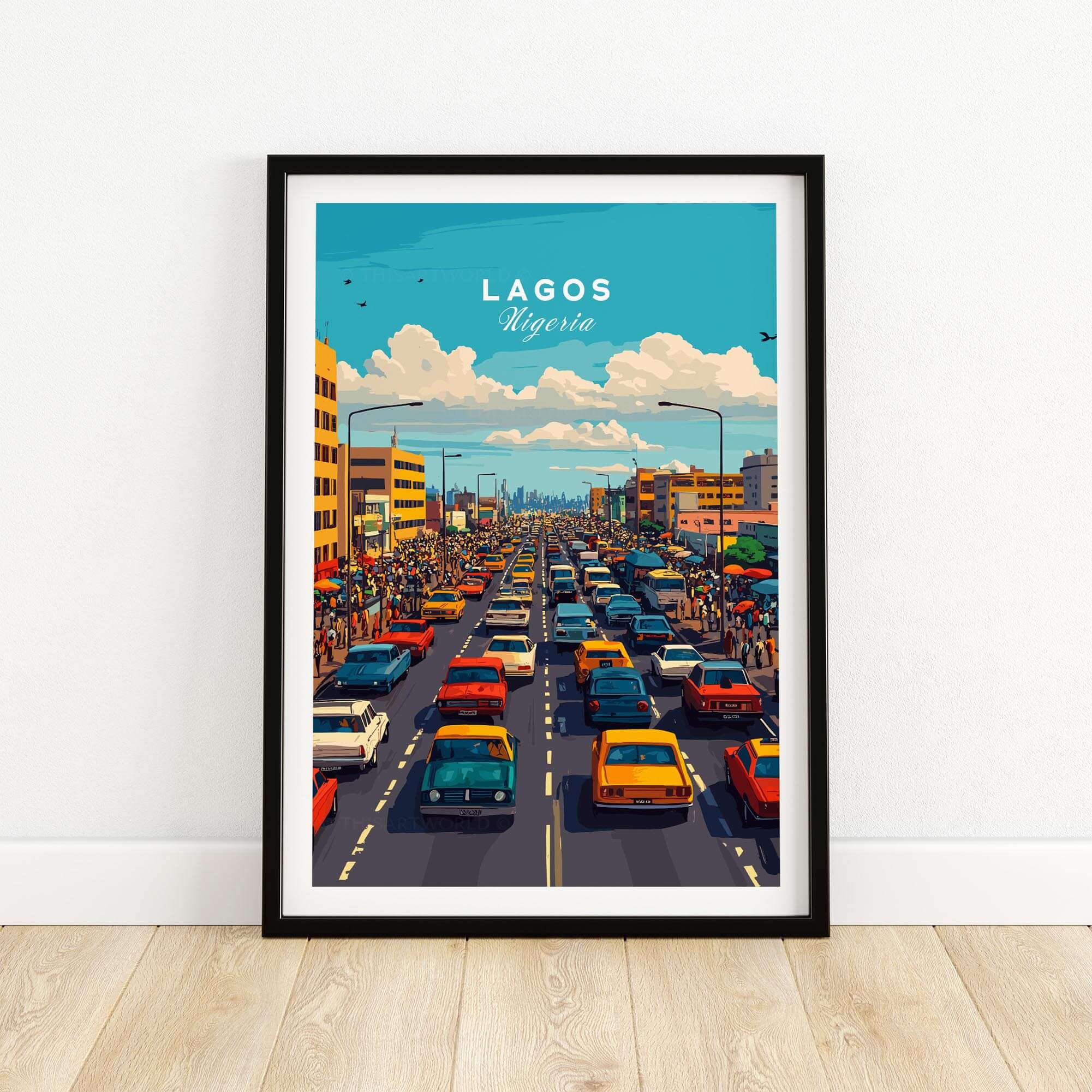 Lagos Nigeria Wall Art showcasing vibrant city traffic and skyline in a colorful, modern design.