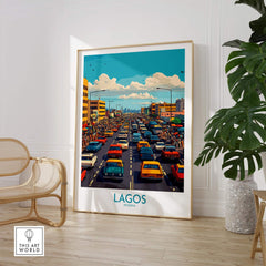Lagos Poster Nigeria showcasing vibrant city life and traffic in Lagos, Nigeria, with bold colors and intricate details.