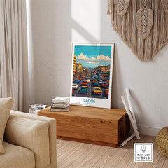 Lagos Poster Nigeria displayed in a stylish living room, showcasing vibrant city life and colorful taxis.