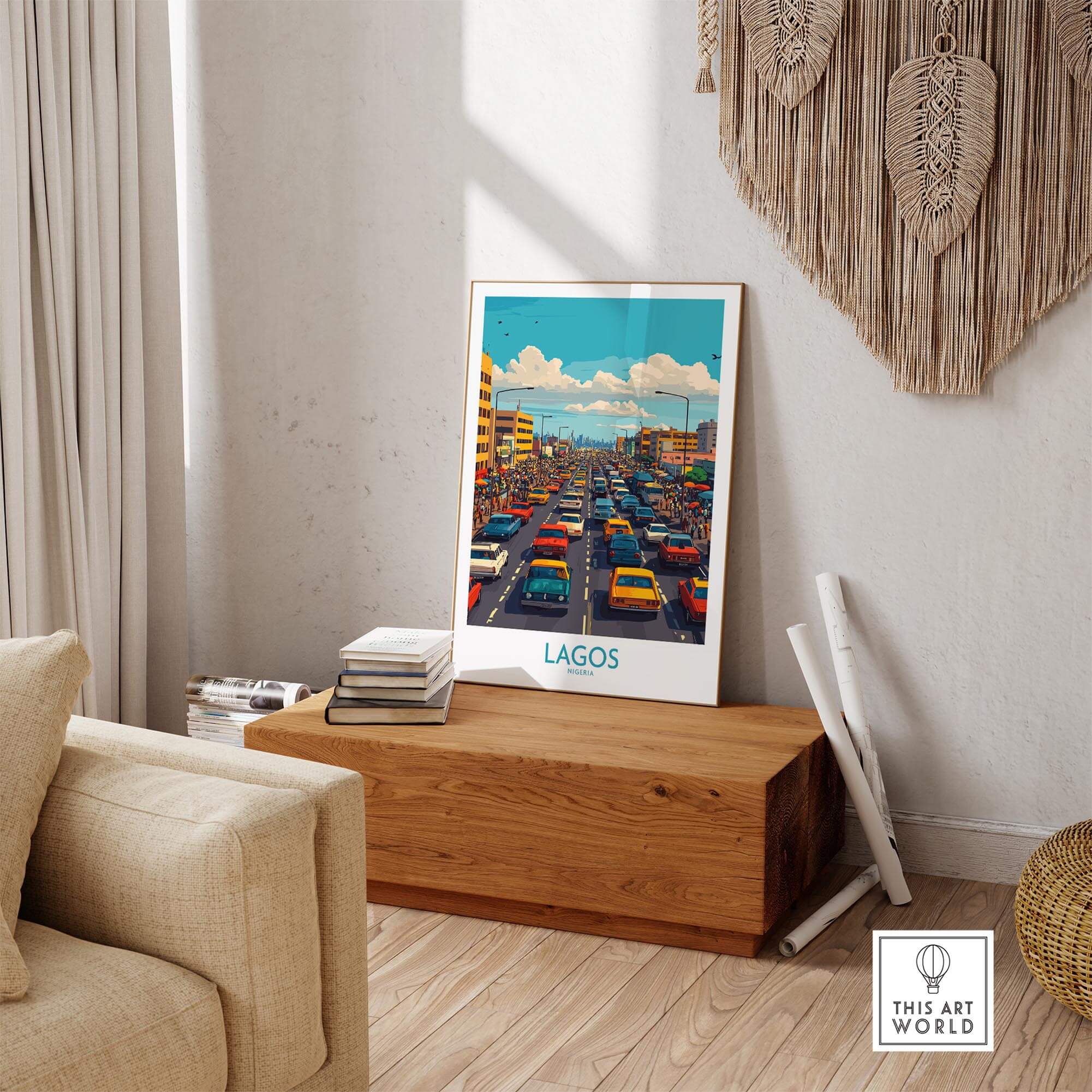 Lagos Poster Nigeria displayed in a stylish living room, showcasing vibrant city life and colorful taxis.