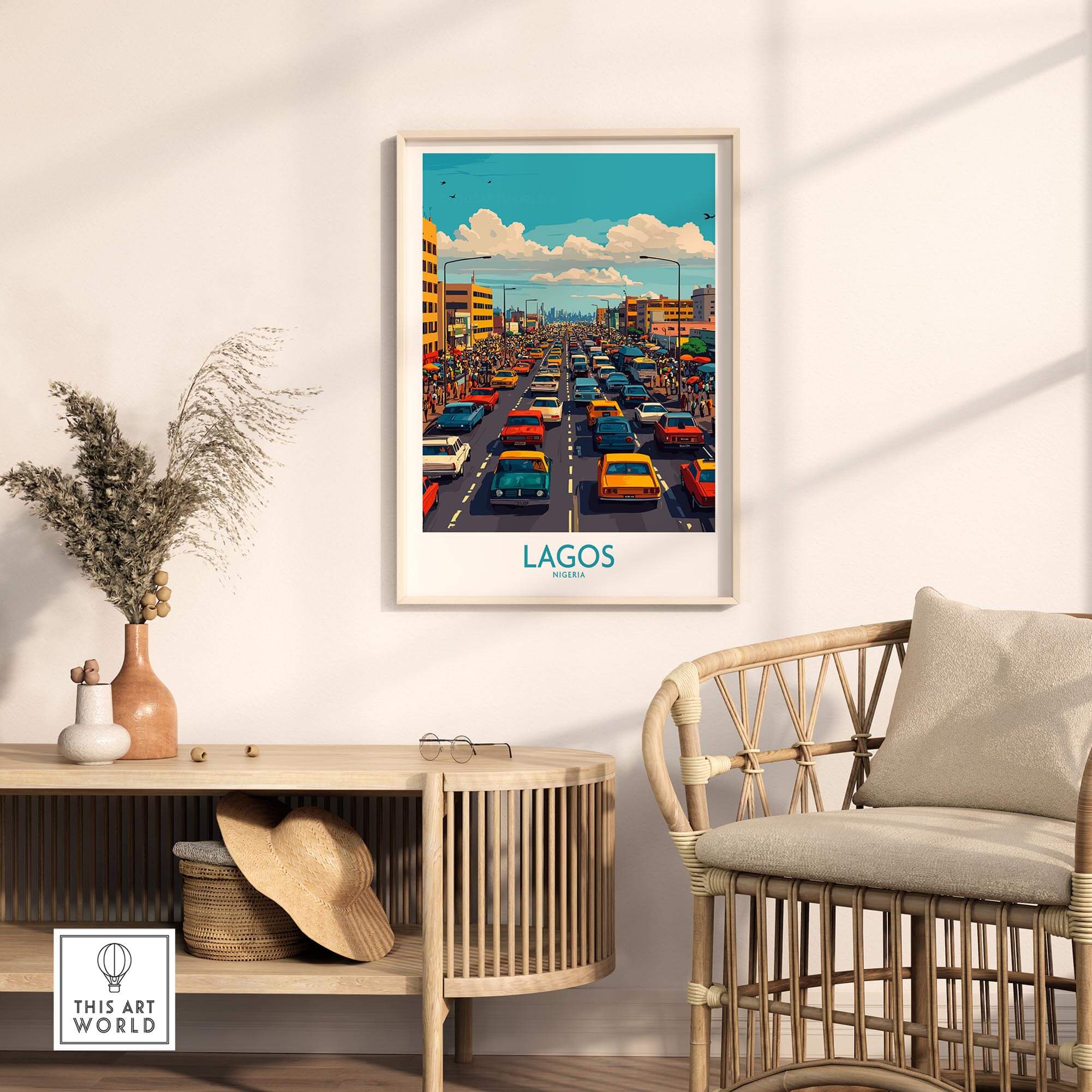 Lagos Poster Nigeria showcasing a vibrant city scene with colorful cars and blue skies in a stylish room.