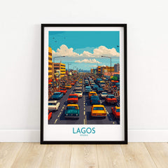 Lagos Poster Nigeria showcasing vibrant city life with colorful cars and bustling streets in Lagos, Nigeria.