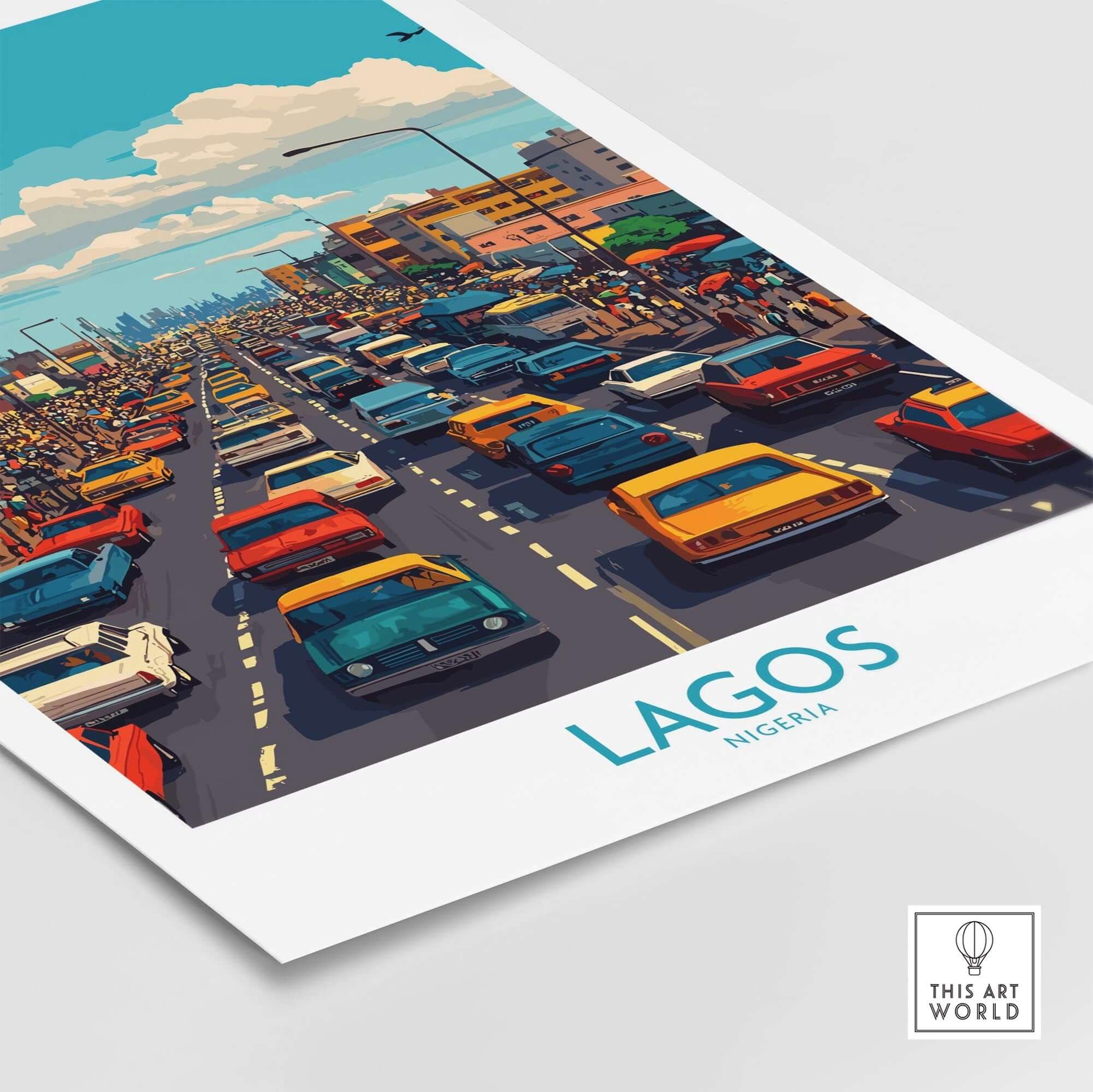 Lagos Poster Nigeria showcasing vibrant city traffic and colorful cars in Lagos, Nigeria.