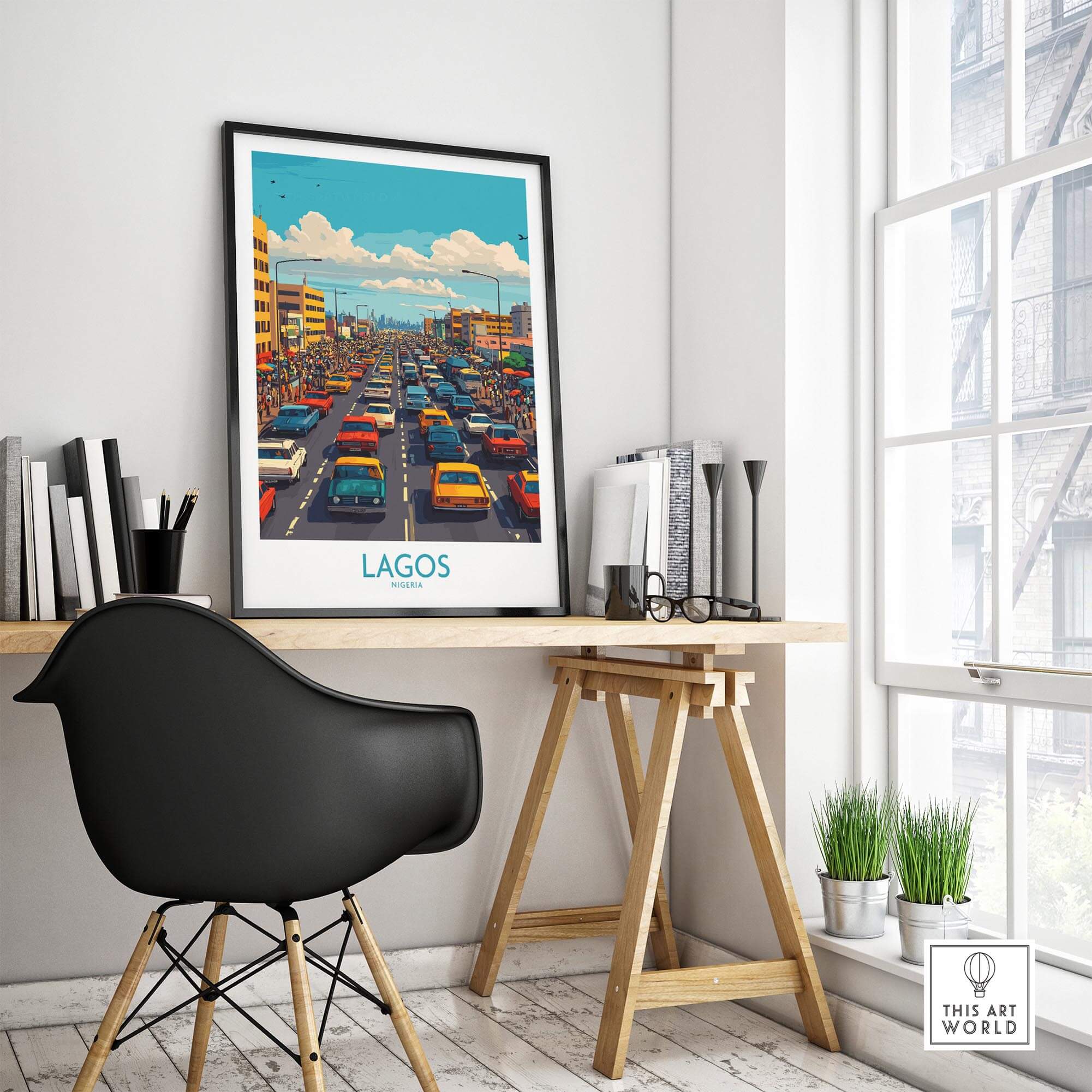 Lagos Poster Nigeria showcasing the vibrant cityscape and colorful traffic in an artistic interpretation.