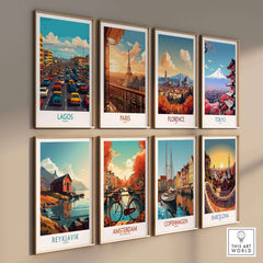 Lagos Poster Nigeria displayed among city posters showcasing vibrant global landmarks.