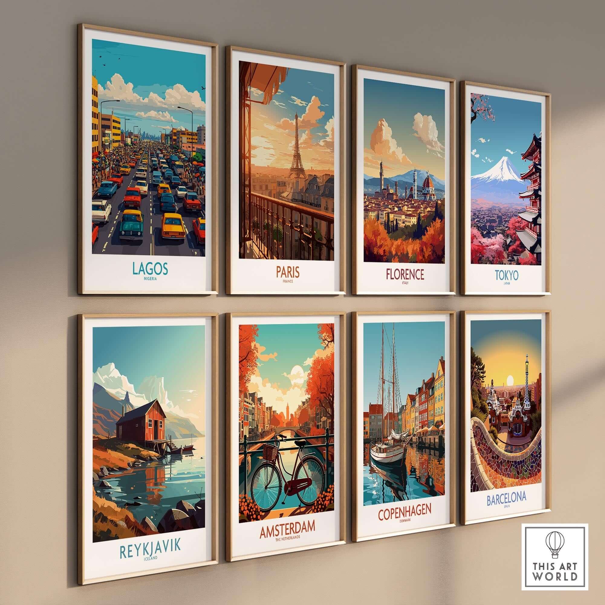 Lagos Poster Nigeria displayed among city posters showcasing vibrant global landmarks.