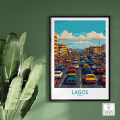 Lagos Poster Nigeria featuring a busy street scene filled with colorful cars and tall buildings in Lagos, Nigeria.