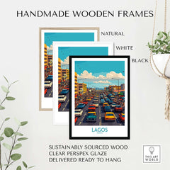 Lagos Poster Nigeria in handmade wooden frames, showcasing vibrant city energy and colorful details.