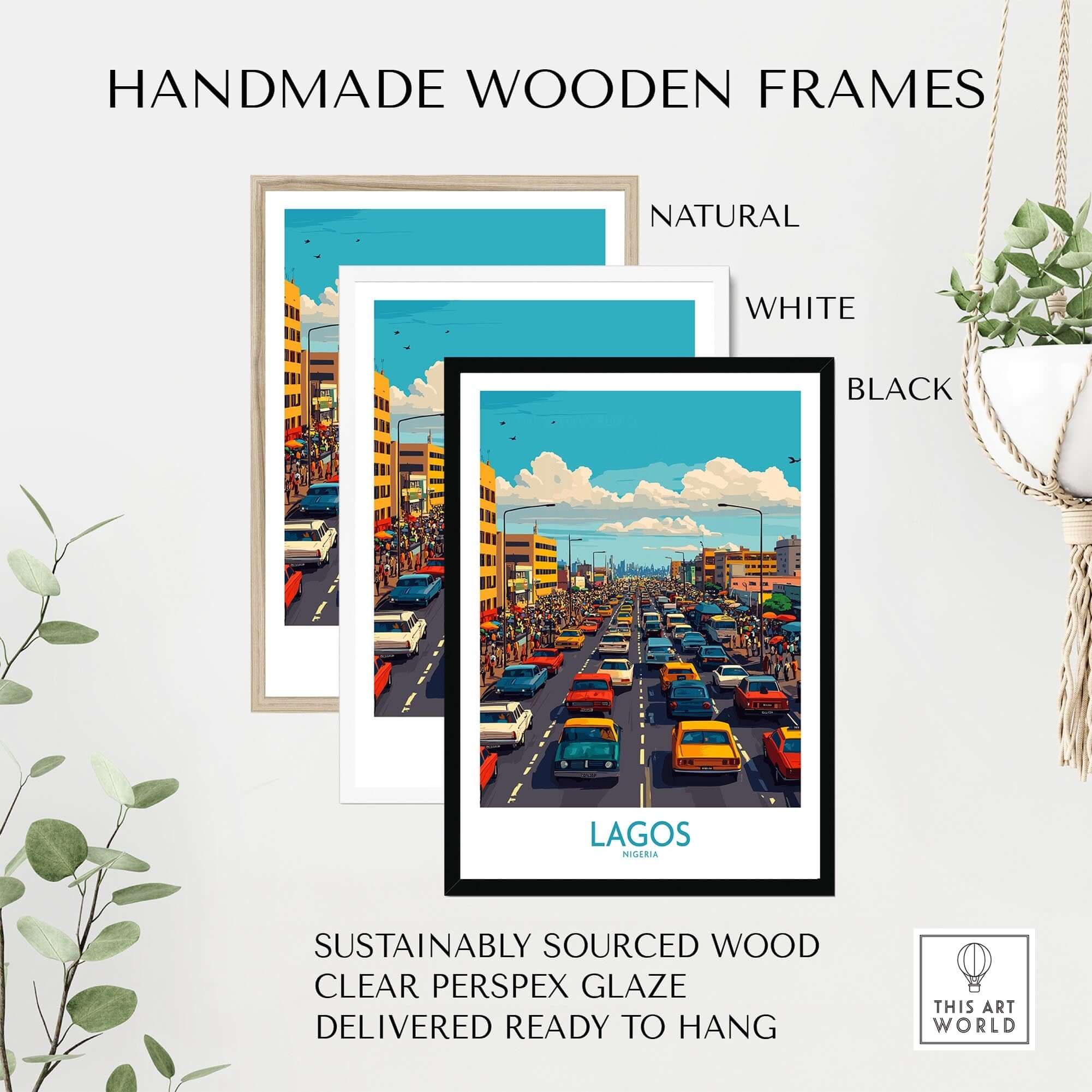 Lagos Poster Nigeria in handmade wooden frames, showcasing vibrant city energy and colorful details.
