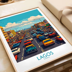 Lagos Poster Nigeria showcasing vibrant city traffic and skyline of Lagos, Nigeria in bold colors and intricate details.